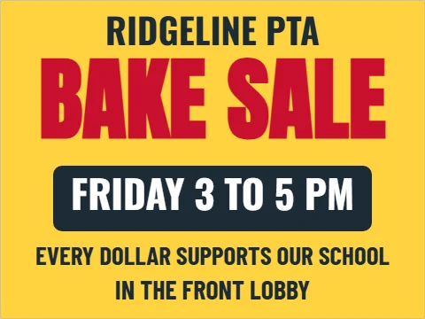 Yard sign template, school fundraiser, reading "RIDGELINE PTA", "BAKE SALE" and "FRIDAY 3 TO 5 PM", in navy and yellow