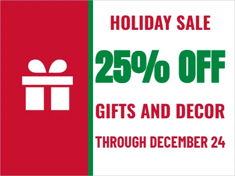 Yard sign template, holiday gift sale, reading "HOLIDAY SALE", "25% OFF" and "GIFTS AND DECOR", in red and white