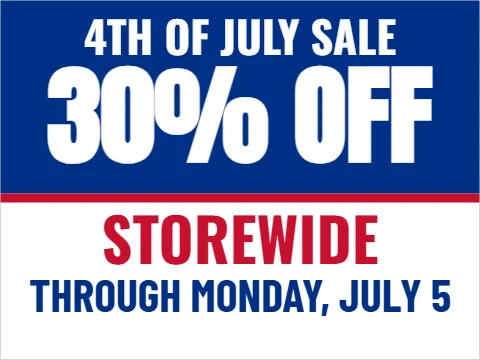 Yard sign template, 4th of July sale, reading "4TH OF JULY SALE", "30% OFF" and "STOREWIDE", in blue and white