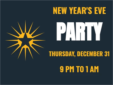 Yard sign template, new Year's Eve party, reading "NEW YEAR'S EVE", "PARTY" and "9 PM TO 1 AM", in navy