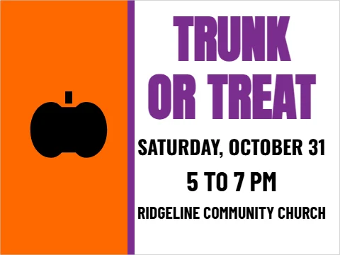 Yard sign template, trunk or treat, reading "TRUNK", "OR TREAT" and "5 TO 7 PM", in orange and white