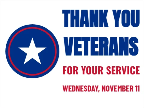 Yard sign template, thank you, veterans, reading "THANK YOU", "VETERANS" and "FOR YOUR SERVICE", in blue and white