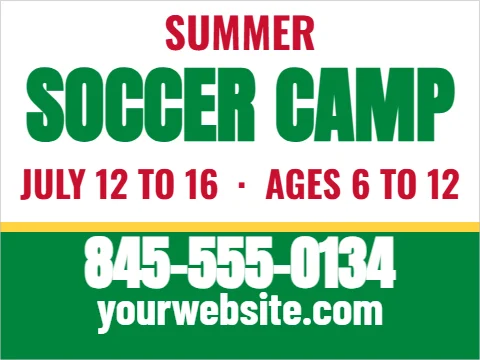 Yard sign template, summer sports camp, reading "CAMP", "SOCCER" and "845-555-0134", in green and white