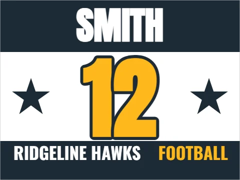 Yard sign template, football player, jersey, reading "SMITH", "12" and "FOOTBALL", in navy and white