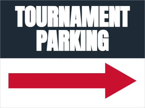 Yard sign template, tournament parking, reading "TOURNAMENT" and "PARKING", in navy and white