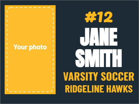 Yard sign template, player with photo, reading "#12", "JANE" and "SMITH", in gold and navy, with a space for your logo