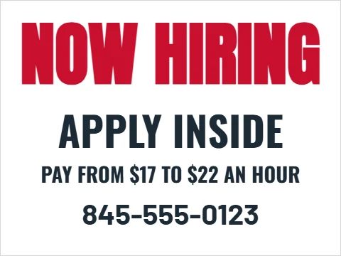 Yard sign template, now hiring, reading "NOW HIRING", "APPLY INSIDE" and "845-555-0123", in white